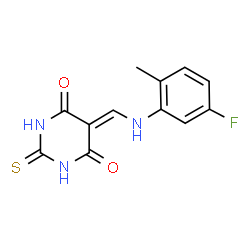 ChemSpider 2D Image | 5-{[(5-Fluoro-2-methylphenyl)amino]methylene}-2-thioxodihydro-4,6(1H,5H)-pyrimidinedione | C12H10FN3O2S