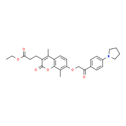ChemSpider 2D Image | Ethyl 3-(4,8-dimethyl-2-oxo-7-{2-oxo-2-[4-(1-pyrrolidinyl)phenyl]ethoxy}-2H-chromen-3-yl)propanoate | C28H31NO6