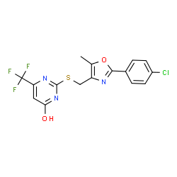 ChemSpider 2D Image | 2-({[2-(4-Chlorophenyl)-5-methyl-1,3-oxazol-4-yl]methyl}sulfanyl)-6-(trifluoromethyl)-4(1H)-pyrimidinone | C16H11ClF3N3O2S
