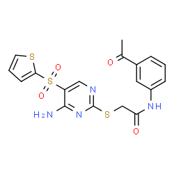 ChemSpider 2D Image | N-(3-Acetylphenyl)-2-{[4-amino-5-(2-thienylsulfonyl)-2-pyrimidinyl]sulfanyl}acetamide | C18H16N4O4S3