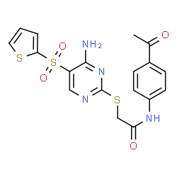 ChemSpider 2D Image | N-(4-Acetylphenyl)-2-{[4-amino-5-(2-thienylsulfonyl)-2-pyrimidinyl]sulfanyl}acetamide | C18H16N4O4S3