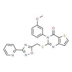 ChemSpider 2D Image | 3-(3-Methoxyphenyl)-2-({[3-(2-pyridinyl)-1,2,4-oxadiazol-5-yl]methyl}sulfanyl)thieno[3,2-d]pyrimidin-4(3H)-one | C21H15N5O3S2