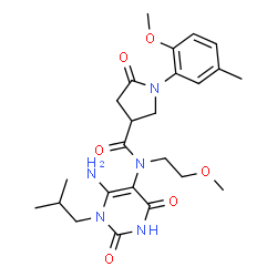 ChemSpider 2D Image | N-(6-Amino-1-isobutyl-2,4-dioxo-1,2,3,4-tetrahydro-5-pyrimidinyl)-N-(2-methoxyethyl)-1-(2-methoxy-5-methylphenyl)-5-oxo-3-pyrrolidinecarboxamide | C24H33N5O6