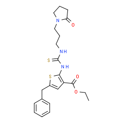ChemSpider 2D Image | Ethyl 5-benzyl-2-({[3-(2-oxo-1-pyrrolidinyl)propyl]carbamothioyl}amino)-3-thiophenecarboxylate | C22H27N3O3S2