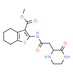 ChemSpider 2D Image | Methyl 2-{[(3-oxo-2-piperazinyl)acetyl]amino}-4,5,6,7-tetrahydro-1-benzothiophene-3-carboxylate | C16H21N3O4S