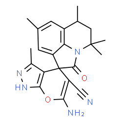 ChemSpider 2D Image | 6-Amino-3,4',4',6',8'-pentamethyl-2'-oxo-5',6'-dihydro-1H,4'H-spiro[pyrano[2,3-c]pyrazole-4,1'-pyrrolo[3,2,1-ij]quinoline]-5-carbonitrile | C22H23N5O2