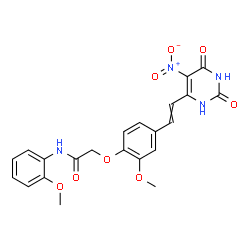 ChemSpider 2D Image | 2-{2-Methoxy-4-[2-(5-nitro-2,6-dioxo-1,2,3,6-tetrahydro-4-pyrimidinyl)vinyl]phenoxy}-N-(2-methoxyphenyl)acetamide | C22H20N4O8