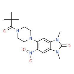 ChemSpider 2D Image | 5-[4-(2,2-Dimethylpropanoyl)-1-piperazinyl]-1,3-dimethyl-6-nitro-1,3-dihydro-2H-benzimidazol-2-one | C18H25N5O4