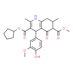 ChemSpider 2D Image | 3-Cyclopentyl 6-methyl 4-(4-hydroxy-3-methoxyphenyl)-2,7-dimethyl-5-oxo-1,4,5,6,7,8-hexahydro-3,6-quinolinedicarboxylate | C26H31NO7