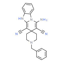 ChemSpider 2D Image | 1'-Amino-1-benzyl-5'H-spiro[piperidine-4,3'-pyrido[1,2-a]benzimidazole]-2',4'-dicarbonitrile | C24H22N6
