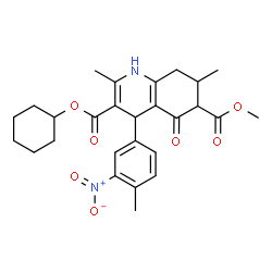 ChemSpider 2D Image | 3-Cyclohexyl 6-methyl 2,7-dimethyl-4-(4-methyl-3-nitrophenyl)-5-oxo-1,4,5,6,7,8-hexahydro-3,6-quinolinedicarboxylate | C27H32N2O7