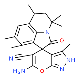 ChemSpider 2D Image | 6-Amino-3,4',4',6',8',9'-hexamethyl-2'-oxo-5',6'-dihydro-2H,4'H-spiro[pyrano[2,3-c]pyrazole-4,1'-pyrrolo[3,2,1-ij]quinoline]-5-carbonitrile | C23H25N5O2