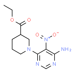 ChemSpider 2D Image | Ethyl 1-(6-amino-5-nitro-4-pyrimidinyl)-3-piperidinecarboxylate | C12H17N5O4