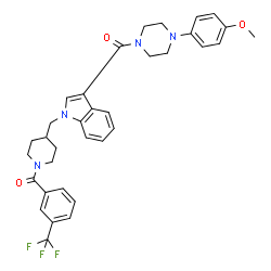 ChemSpider 2D Image | [4-(4-Methoxyphenyl)-1-piperazinyl][1-({1-[3-(trifluoromethyl)benzoyl]-4-piperidinyl}methyl)-1H-indol-3-yl]methanone | C34H35F3N4O3