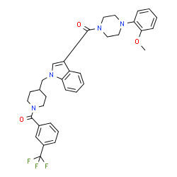 ChemSpider 2D Image | [4-(2-Methoxyphenyl)-1-piperazinyl][1-({1-[3-(trifluoromethyl)benzoyl]-4-piperidinyl}methyl)-1H-indol-3-yl]methanone | C34H35F3N4O3