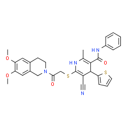 ChemSpider 2D Image | 5-Cyano-6-{[2-(6,7-dimethoxy-3,4-dihydro-2(1H)-isoquinolinyl)-2-oxoethyl]sulfanyl}-2-methyl-N-phenyl-4-(2-thienyl)-1,4-dihydro-3-pyridinecarboxamide | C31H30N4O4S2