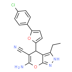 ChemSpider 2D Image | 6-Amino-4-[5-(4-chlorophenyl)-2-furyl]-3-ethyl-2,4-dihydropyrano[2,3-c]pyrazole-5-carbonitrile | C19H15ClN4O2