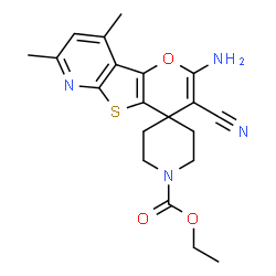 ChemSpider 2D Image | Ethyl 2'-amino-3'-cyano-7',9'-dimethyl-1H-spiro[piperidine-4,4'-pyrano[2',3':4,5]thieno[2,3-b]pyridine]-1-carboxylate | C20H22N4O3S