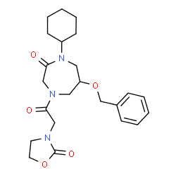 ChemSpider 2D Image | 6-(Benzyloxy)-1-cyclohexyl-4-[(2-oxo-1,3-oxazolidin-3-yl)acetyl]-1,4-diazepan-2-one | C23H31N3O5
