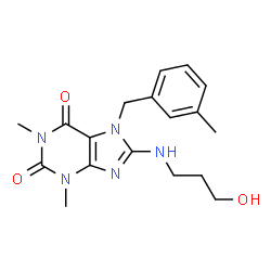 ChemSpider 2D Image | 8-[(3-Hydroxypropyl)amino]-1,3-dimethyl-7-(3-methylbenzyl)-3,7-dihydro-1H-purine-2,6-dione | C18H23N5O3