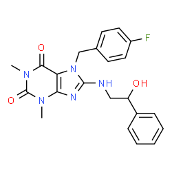 ChemSpider 2D Image | 7-(4-Fluorobenzyl)-8-[(2-hydroxy-2-phenylethyl)amino]-1,3-dimethyl-3,7-dihydro-1H-purine-2,6-dione | C22H22FN5O3