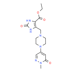 ChemSpider 2D Image | Ethyl 5-{[4-(1-methyl-6-oxo-1,6-dihydro-4-pyridazinyl)-1-piperazinyl]methyl}-2-oxo-2,3-dihydro-1H-imidazole-4-carboxylate | C16H22N6O4
