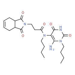 ChemSpider 2D Image | N-(6-Amino-1-butyl-2,4-dioxo-1,2,3,4-tetrahydro-5-pyrimidinyl)-N-butyl-3-(1,3-dioxo-1,3,3a,4,7,7a-hexahydro-2H-isoindol-2-yl)propanamide | C23H33N5O5