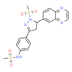 ChemSpider 2D Image | N-{4-[1-(Methylsulfonyl)-5-(6-quinoxalinyl)-4,5-dihydro-1H-pyrazol-3-yl]phenyl}methanesulfonamide | C19H19N5O4S2