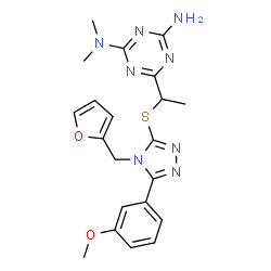 ChemSpider 2D Image | 6-(1-{[4-(2-Furylmethyl)-5-(3-methoxyphenyl)-4H-1,2,4-triazol-3-yl]sulfanyl}ethyl)-N,N-dimethyl-1,3,5-triazine-2,4-diamine | C21H24N8O2S