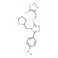 ChemSpider 2D Image | 5-Chloro-4-({[5-(4-methoxyphenyl)-4-(tetrahydro-2-furanylmethyl)-4H-1,2,4-triazol-3-yl]sulfanyl}methyl)-1,2,3-thiadiazole | C17H18ClN5O2S2