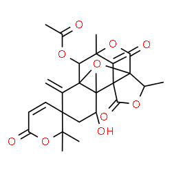 ChemSpider 2D Image | 3'-Hydroxy-2,2,2',9',13'-pentamethyl-6',16'-bis(methylene)-6,11',15'-trioxo-6H-spiro[pyran-3,5'-[10,14,17]trioxapentacyclo[7.6.1.1~7,12~.0~1,12~.0~2,7~]heptadecan]-8'-yl acetate | C27H30O10