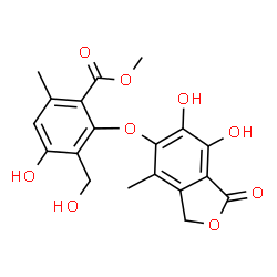 ChemSpider 2D Image | Methyl 2-[(6,7-dihydroxy-4-methyl-1-oxo-1,3-dihydro-2-benzofuran-5-yl)oxy]-4-hydroxy-3-(hydroxymethyl)-6-methylbenzoate | C19H18O9