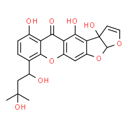 ChemSpider 2D Image | 9-(1,3-Dihydroxy-3-methylbutyl)-3a,4,6-trihydroxy-3a,12a-dihydro-5H-furo[3',2':4,5]furo[3,2-b]xanthen-5-one | C22H20O9