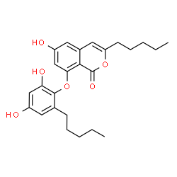 ChemSpider 2D Image | 8-(2,4-Dihydroxy-6-pentylphenoxy)-6-hydroxy-3-pentyl-1H-isochromen-1-one | C25H30O6