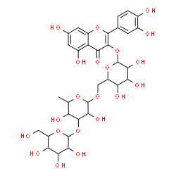 ChemSpider 2D Image | 2-(3,4-Dihydroxyphenyl)-5,7-dihydroxy-4-oxo-4H-chromen-3-yl hexopyranosyl-(1->3)-6-deoxyhexopyranosyl-(1->6)hexopyranoside | C33H40O21