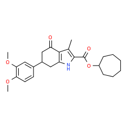 ChemSpider 2D Image | Cycloheptyl 6-(3,4-dimethoxyphenyl)-3-methyl-4-oxo-4,5,6,7-tetrahydro-1H-indole-2-carboxylate | C25H31NO5