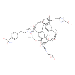 ChemSpider 2D Image | 3,3'-{[14,21,28-Trimethoxy-42-({1-[2-(4-sulfamoylphenyl)ethyl]-1H-1,2,3-triazol-4-yl}methoxy)-9,12,30,33,43,46-hexaoxadecacyclo[20.20.4.3~8,37~.3~16,29~.1~13,17~.1~34,38~.0~3,40~.0~5,49~.0~19,24~.0~26
,52~]tetrapentaconta-1(42),2,5,7,13(54),14,16,19,21,23,26,28,34(47),35,37,40,49,51-octadecaene-7,35-diyl]bis(oxymethylene-1H-1,2,3-triazole-4,1-diyl)}dipropanoic acid | C74H74N10O18S