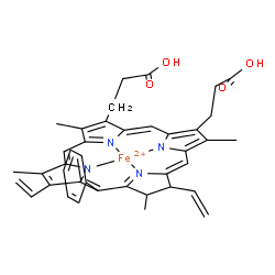 ChemSpider 2D Image | [3,3'-(3,8,13,17-Tetramethyl-10-phenyl-7,12-divinyl-7,8-dihydroporphyrin-2,18-diyl-kappa~4~N~21~,N~22~,N~23~,N~24~)dipropanoato(2-)]iron(2+) | C40H38FeN4O4