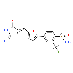 ChemSpider 2D Image | 4-{5-[(Z)-(2-Amino-4-oxo-1,3-thiazol-5(4H)-ylidene)methyl]-2-furyl}-2-(trifluoromethyl)benzenesulfonamide | C15H10F3N3O4S2