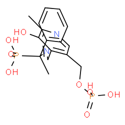 ChemSpider 2D Image | {1-[({3-Hydroxy-2-methyl-5-[(phosphonooxy)methyl]-4-pyridinyl}methylene)amino]-1-phenylethyl}phosphonic acid | C16H20N2O8P2