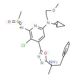 ChemSpider 2D Image | N-(4-[5-(2-Amino-1-phenyl-2-propanyl)-1,3,4-oxadiazol-2-yl]-3-chloro-6-{(2-methoxyethyl)[(2-methylcyclopropyl)methyl]amino}-2-pyridinyl)-N-methylmethanesulfonamide | C26H35ClN6O4S