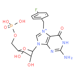 ChemSpider 2D Image | 2-Amino-7-(4-fluorobenzyl)-6-oxo-9-(5-O-phosphonopentofuranosyl)-6,9-dihydro-1H-purin-7-ium | C17H20FN5O8P