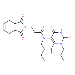 ChemSpider 2D Image | N-(6-Amino-1-isobutyl-2,4-dioxo-1,2,3,4-tetrahydro-5-pyrimidinyl)-N-butyl-3-(1,3-dioxo-1,3,3a,4,7,7a-hexahydro-2H-isoindol-2-yl)propanamide | C23H33N5O5