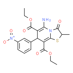 ChemSpider 2D Image | Diethyl 5-amino-2-methyl-7-(3-nitrophenyl)-3-oxo-2,3-dihydro-7H-[1,3]thiazolo[3,2-a]pyridine-6,8-dicarboxylate | C20H21N3O7S
