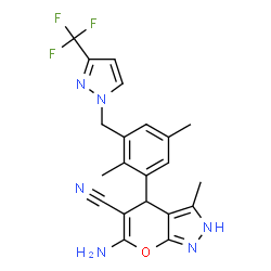 ChemSpider 2D Image | 6-Amino-4-(2,5-dimethyl-3-{[3-(trifluoromethyl)-1H-pyrazol-1-yl]methyl}phenyl)-3-methyl-2,4-dihydropyrano[2,3-c]pyrazole-5-carbonitrile | C21H19F3N6O
