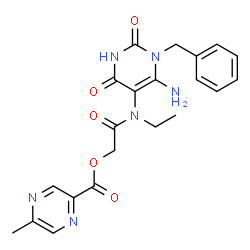 ChemSpider 2D Image | 2-[(6-Amino-1-benzyl-2,4-dioxo-1,2,3,4-tetrahydro-5-pyrimidinyl)(ethyl)amino]-2-oxoethyl 5-methyl-2-pyrazinecarboxylate | C21H22N6O5