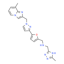 ChemSpider 2D Image | 1-(5-{1-[(8-Methylimidazo[1,2-a]pyridin-2-yl)methyl]-1H-pyrazol-3-yl}-2-furyl)-N-[(3-methyl-1H-1,2,4-triazol-5-yl)methyl]methanamine | C21H22N8O
