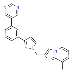 ChemSpider 2D Image | 8-Methyl-2-({3-[3-(5-pyrimidinyl)phenyl]-1H-pyrazol-1-yl}methyl)imidazo[1,2-a]pyridine | C22H18N6