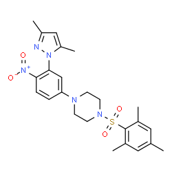 ChemSpider 2D Image | 1-[3-(3,5-Dimethyl-1H-pyrazol-1-yl)-4-nitrophenyl]-4-(mesitylsulfonyl)piperazine | C24H29N5O4S