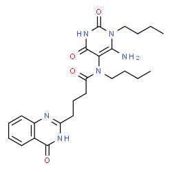 ChemSpider 2D Image | N-(6-Amino-1-butyl-2,4-dioxo-1,2,3,4-tetrahydro-5-pyrimidinyl)-N-butyl-4-(4-oxo-1,4-dihydro-2-quinazolinyl)butanamide | C24H32N6O4